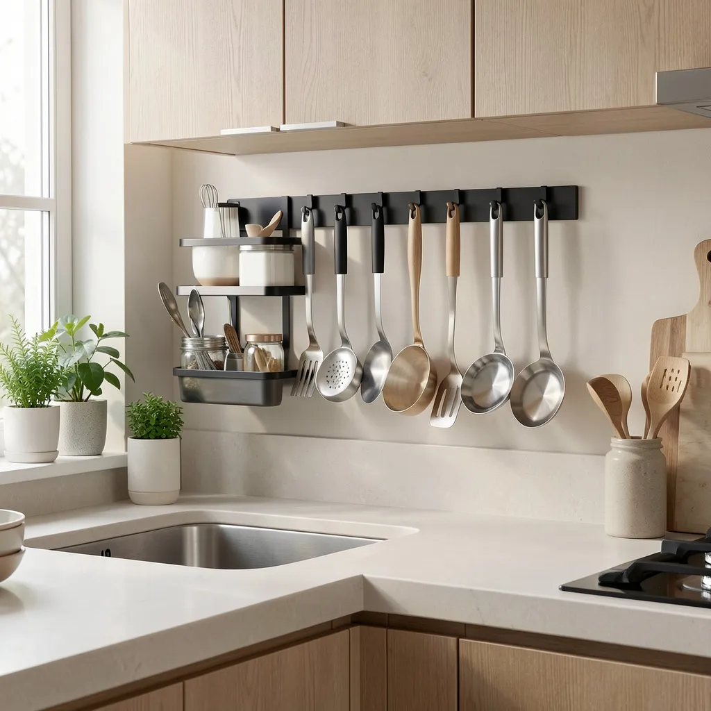 Wall-mounted utensil rail in a modern kitchen